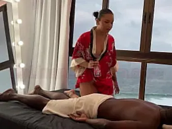 Latina porno industry starlet Lina Nakamura gets a lubricious rubdown from John Coffee - Chinese internal ejaculation included!