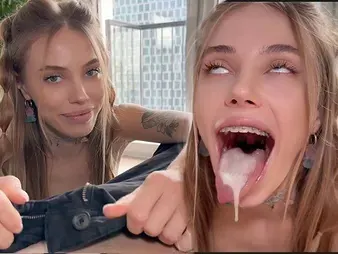 BunnyRabbits schoolgirl eagerly swallows on all occasions walk out on be fitting of her man's cum